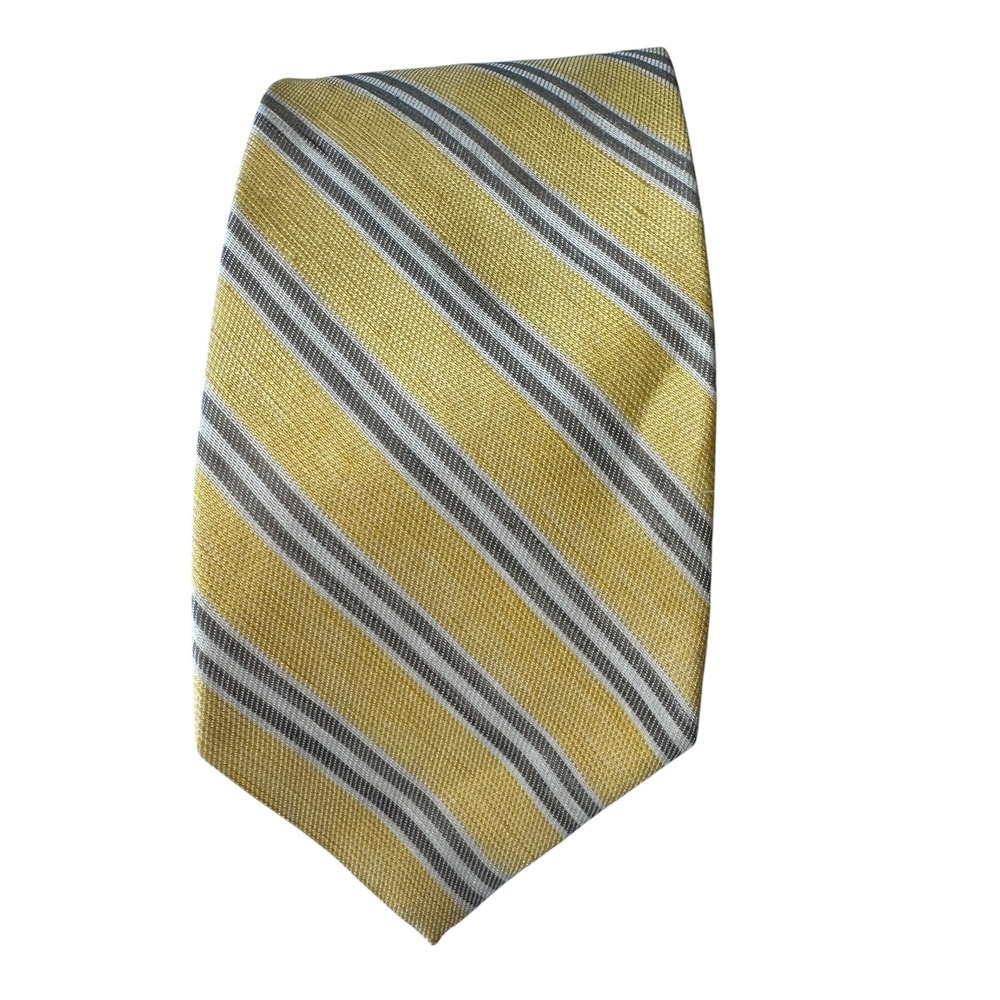 Brooks Brothers Silk Linen Tie Mens OS Yellow Grey Striped Preppy Ivy League